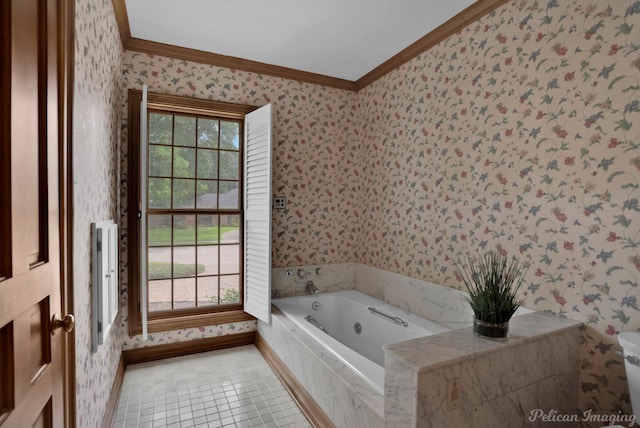 full bath featuring ornamental molding, a tub with jets, baseboards, wallpapered walls, and tile patterned floors