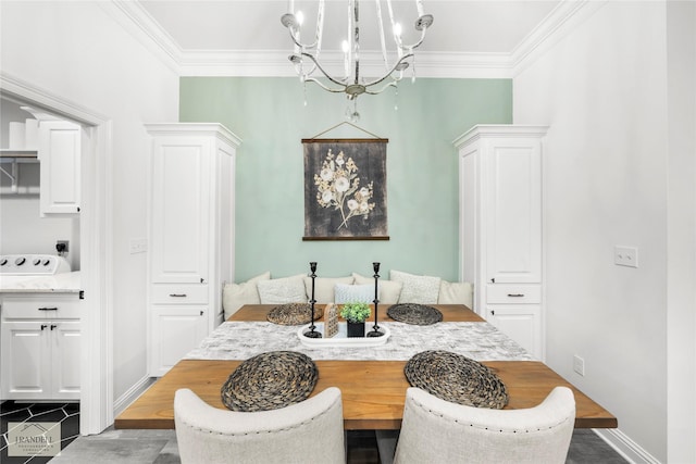 dining space featuring baseboards, ornamental molding, and a notable chandelier
