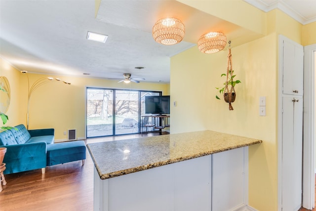 kitchen featuring a ceiling fan, wood finished floors, a peninsula, stone counters, and ornamental molding