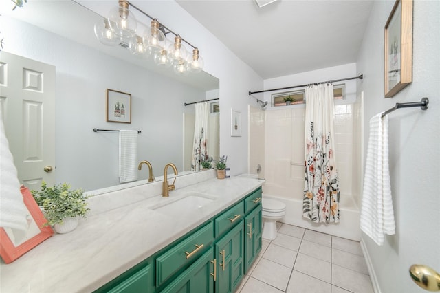 full bathroom with toilet, tile patterned floors, shower / tub combo, and vanity
