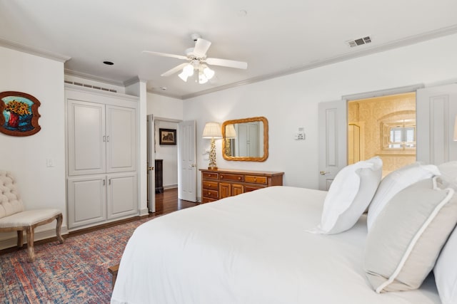 bedroom with visible vents, ornamental molding, baseboards, and a ceiling fan