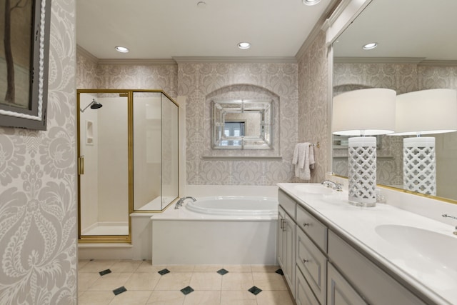full bathroom with a sink, ornamental molding, and a stall shower