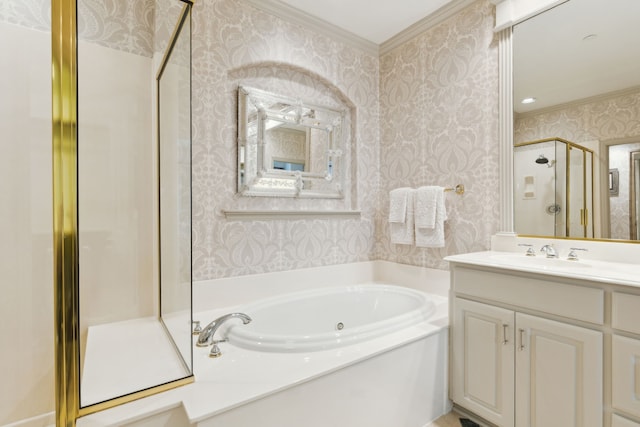 full bath with vanity, wallpapered walls, ornamental molding, a bath, and a stall shower