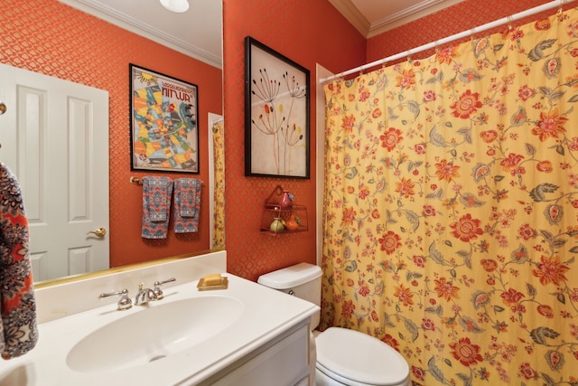 full bathroom featuring vanity, toilet, wallpapered walls, a shower with curtain, and ornamental molding