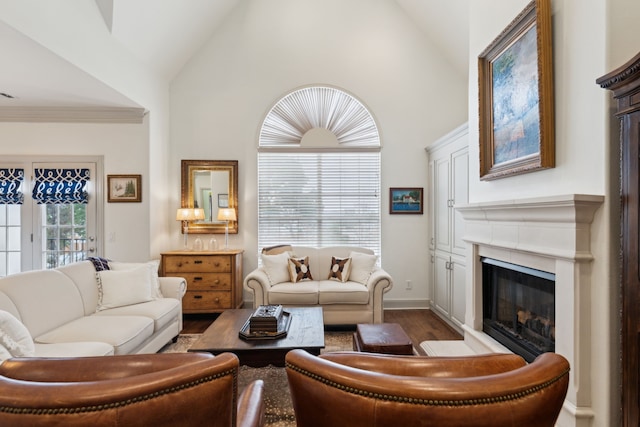 living area featuring high vaulted ceiling, a glass covered fireplace, baseboards, wood finished floors, and visible vents