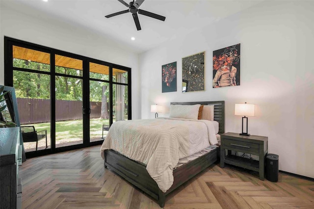 bedroom featuring recessed lighting, baseboards, access to exterior, and ceiling fan