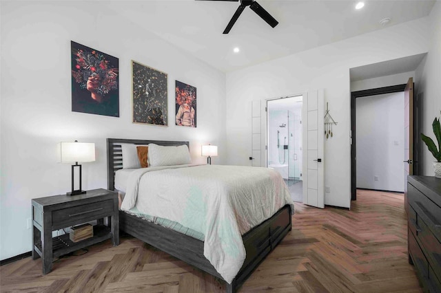 bedroom featuring recessed lighting, baseboards, ceiling fan, and ensuite bath