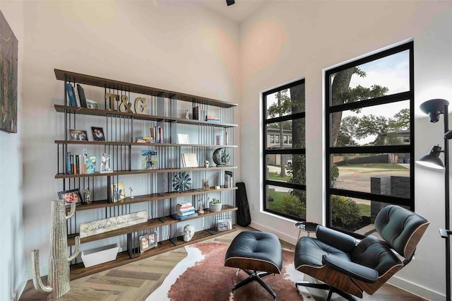 living area featuring baseboards