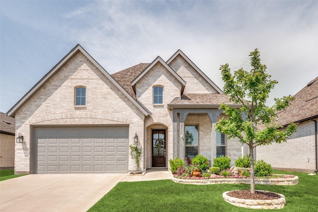 1130 Holcombe Dr, Anna, TX 75409 - french country inspired facade with concrete driveway, brick siding, a garage, and a front lawn