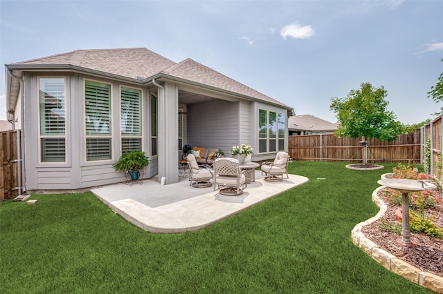 1130 Holcombe Dr, Anna, TX 75409 - back of property with a shingled roof, an outdoor hangout area, a fenced backyard, a patio, and a yard