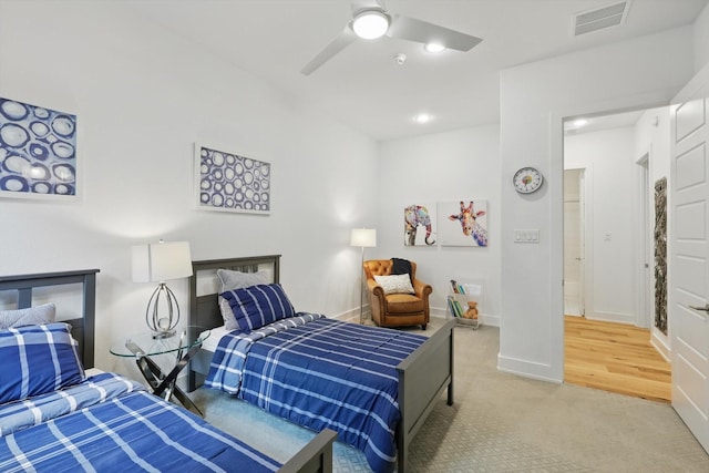 bedroom with carpet, a ceiling fan, baseboards, recessed lighting, and visible vents