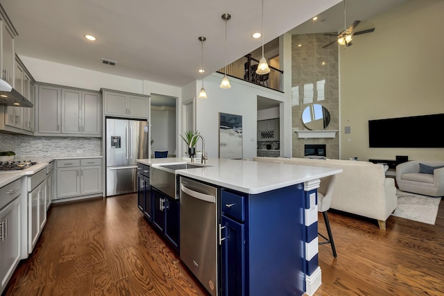 kitchen featuring blue cabinetry, a sink, dark wood-style floors, open floor plan, and stainless steel appliances
