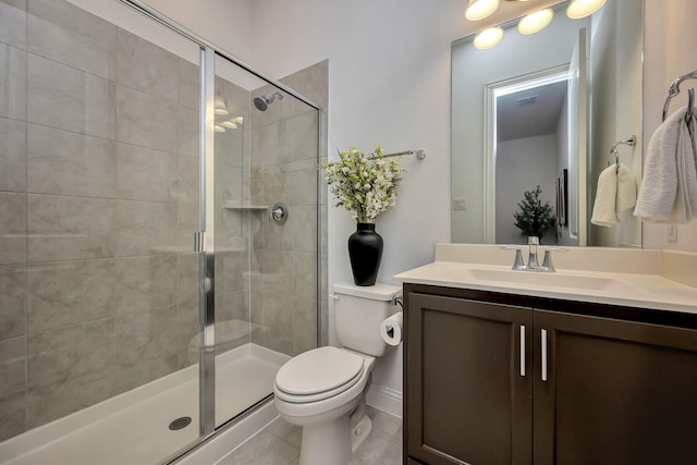 full bath featuring a stall shower, toilet, visible vents, and vanity