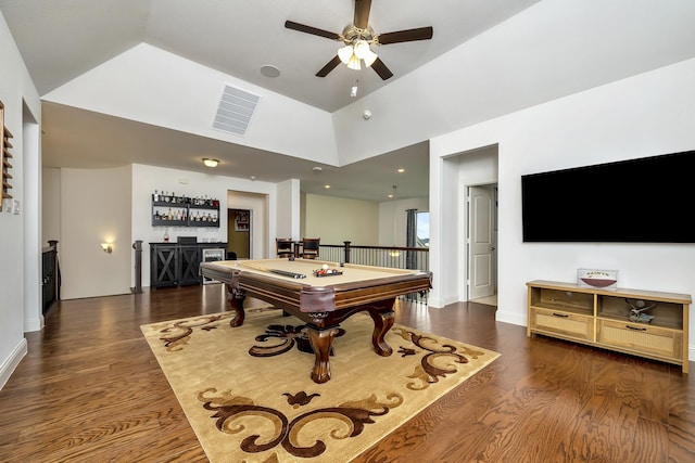 rec room with billiards, a bar, wood finished floors, and visible vents