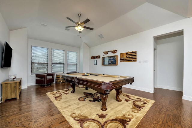 game room with a ceiling fan, vaulted ceiling, wood finished floors, and visible vents