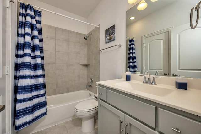 bathroom featuring tile patterned flooring, vanity, toilet, shower / bath combination with curtain, and recessed lighting
