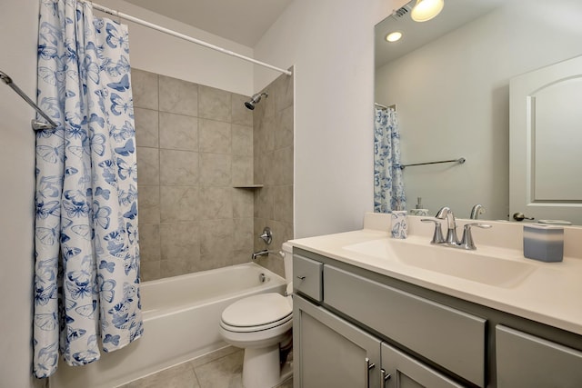 full bathroom with shower / bath combo, vanity, tile patterned floors, toilet, and recessed lighting