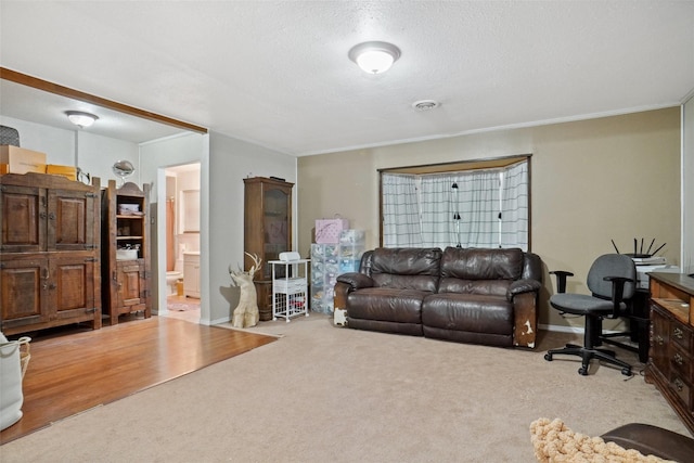 living area with a textured ceiling, light colored carpet, and ornamental molding