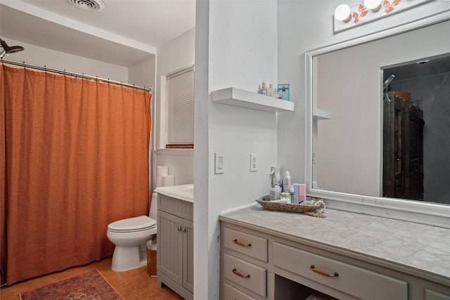 bathroom featuring vanity, visible vents, curtained shower, toilet, and tile patterned floors
