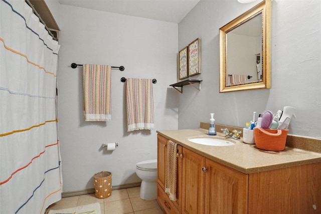 bathroom with toilet, a shower with shower curtain, tile patterned flooring, and vanity