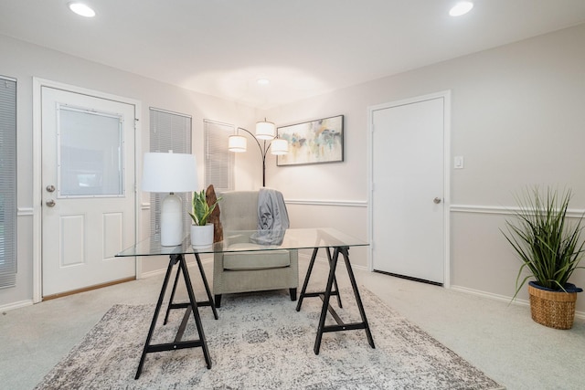 home office featuring recessed lighting, baseboards, and carpet