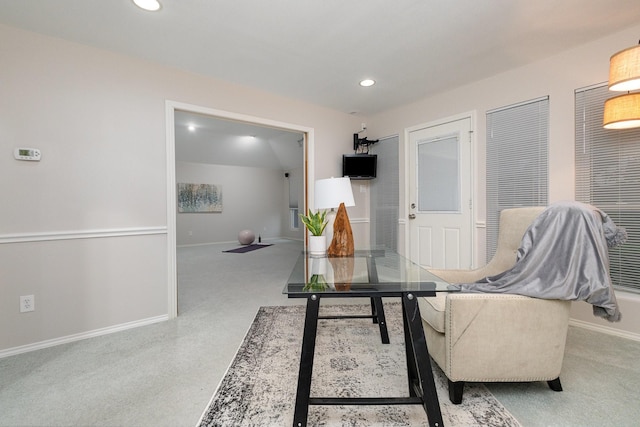 office featuring carpet floors, recessed lighting, and baseboards