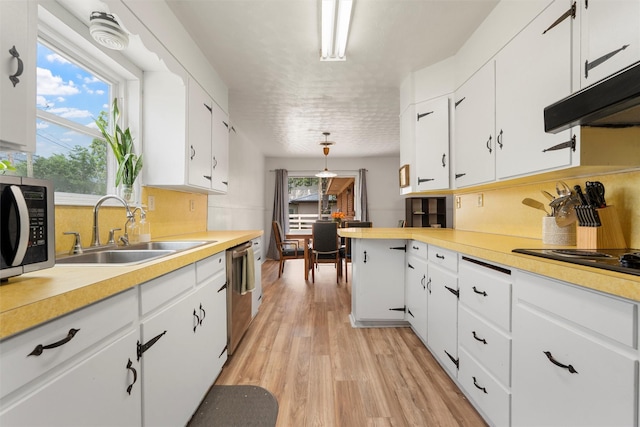 kitchen featuring stainless steel dishwasher, a sink, white cabinets, and light countertops