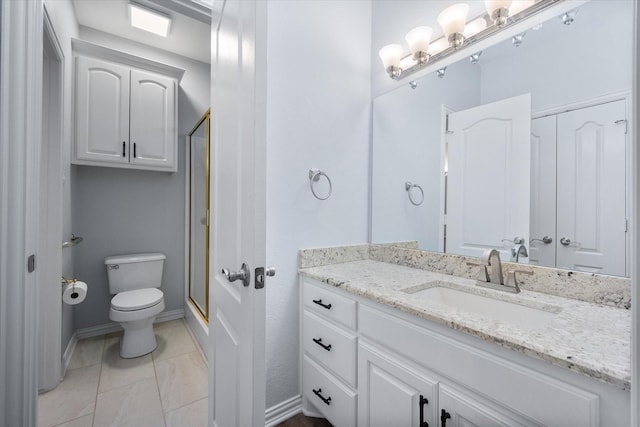 bathroom featuring vanity, baseboards, a shower stall, and toilet