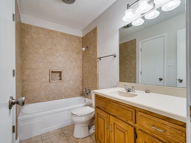 5005 Drew Ct, Arlington, TX 76017 - bathroom with vanity, toilet, a textured ceiling, tile patterned floors, and tub / shower combination