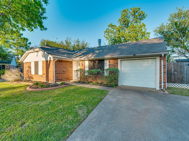 5005 Drew Ct, Arlington, TX 76017 - ranch-style home featuring brick siding, fence, a front lawn, and a garage