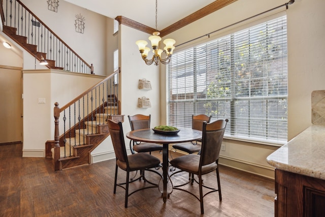 1041 Bandelier Dr, Allen, TX 75013 - dining area with wood finished floors, healthy amount of natural light, a chandelier, stairs, and ornamental molding