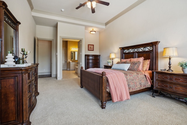 1041 Bandelier Dr, Allen, TX 75013 - bedroom with light carpet, crown molding, ensuite bathroom, ceiling fan, and baseboards