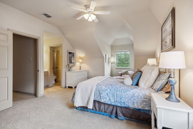 1041 Bandelier Dr, Allen, TX 75013 - bedroom with light colored carpet, vaulted ceiling, ensuite bathroom, and ceiling fan