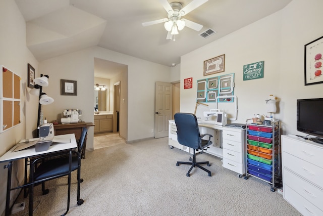1041 Bandelier Dr, Allen, TX 75013 - office with light carpet, a ceiling fan, and vaulted ceiling
