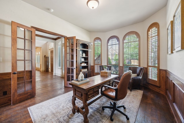 1041 Bandelier Dr, Allen, TX 75013 - home office with french doors, dark wood-type flooring, and wainscoting