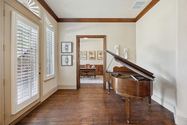 1041 Bandelier Dr, Allen, TX 75013 - living area with crown molding, dark wood-style flooring, and baseboards