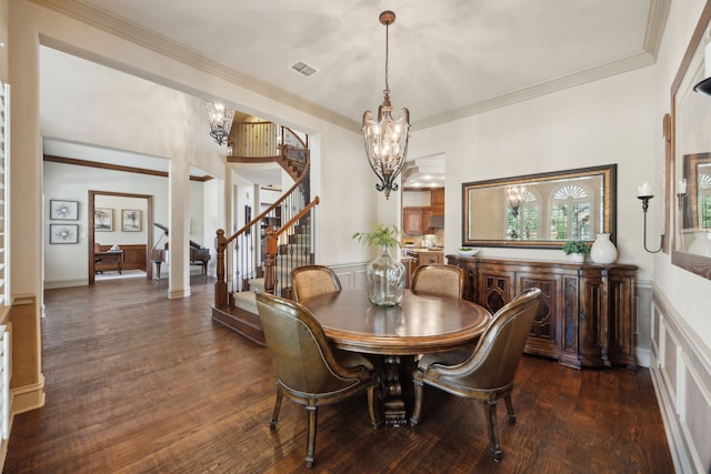 1041 Bandelier Dr, Allen, TX 75013 - dining space with a chandelier, stairway, ornamental molding, a wainscoted wall, and a decorative wall
