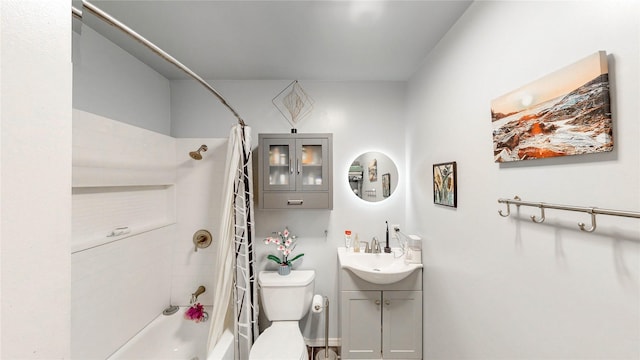 full bathroom with vanity, shower / bath combination with curtain, and toilet