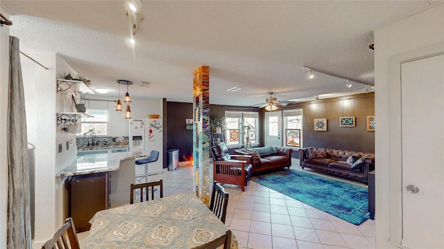 dining area with a ceiling fan, a textured ceiling, track lighting, and a wealth of natural light