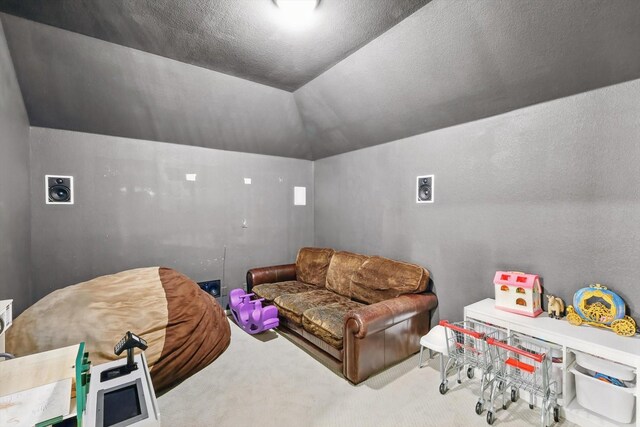 carpeted living area with vaulted ceiling
