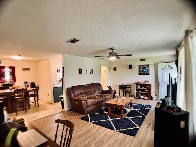 living area with a ceiling fan, a textured ceiling, and visible vents