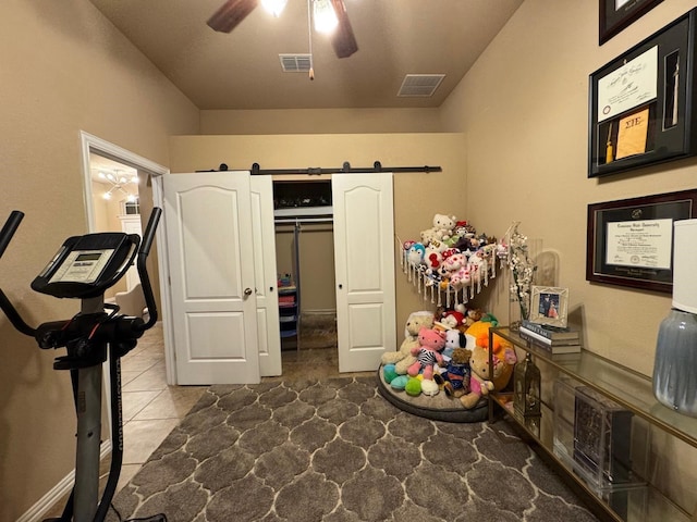 1932 Loma Linda Dr, Irving, TX 75063 - interior space featuring visible vents, a ceiling fan, and a barn door