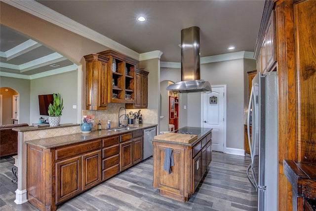 11041 Helms Trl, Forney, TX 75126 - kitchen featuring ornamental molding, island range hood, arched walkways, a sink, and stainless steel appliances