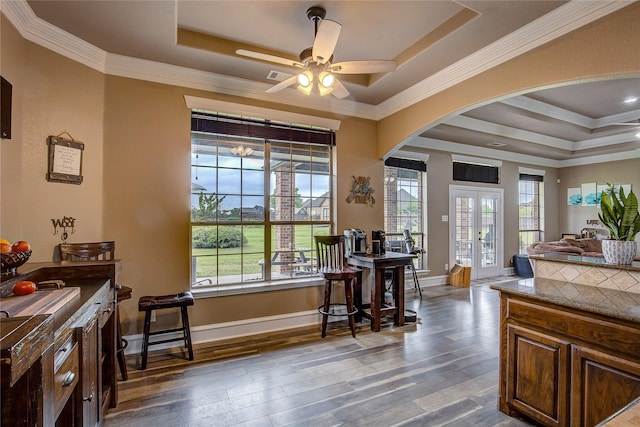 interior space featuring wood-type flooring, arched walkways, plenty of natural light, and a tray ceiling