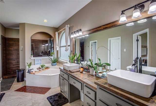 bathroom featuring double vanity, walk in shower, a garden tub, and a sink
