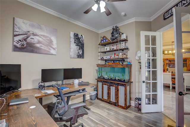 11041 Helms Trl, Forney, TX 75126 - office area featuring crown molding, french doors, ceiling fan with notable chandelier, and wood finished floors