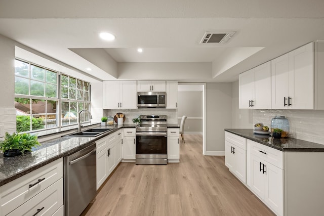 kitchen featuring appliances with stainless steel finishes, a sink, light wood finished floors, a tray ceiling, and visible vents
