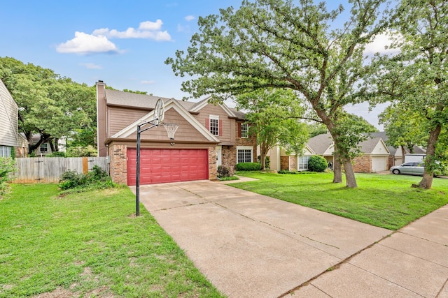 view of front of property with a garage, a front lawn, fence, a chimney, and concrete driveway