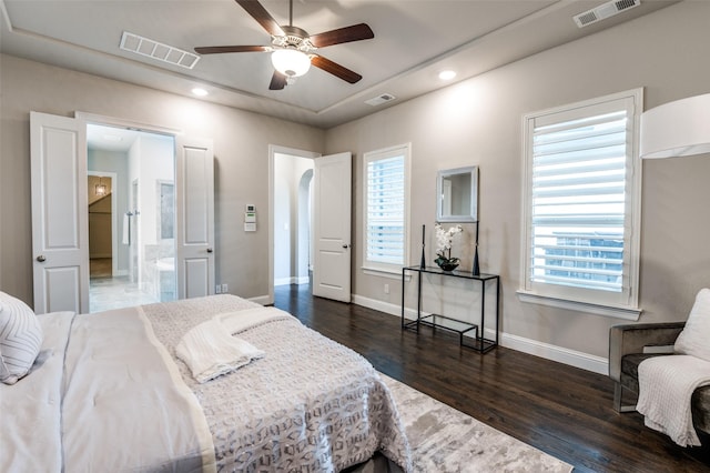 bedroom with recessed lighting, baseboards, visible vents, and wood finished floors