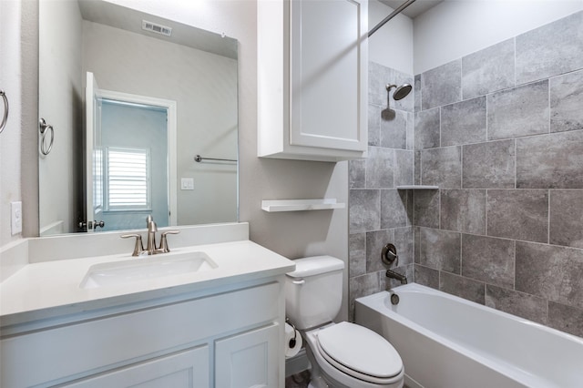 full bath with toilet, visible vents, shower / bathing tub combination, and vanity